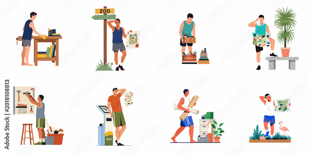 Fototapeta premium Collection of flat vector illustrations showing men engaged in various activities like visiting the zoo, DIY home improvement, and organizing workspaces.