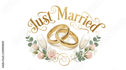 Interlocking gold wedding rings with Just Married text and pink roses