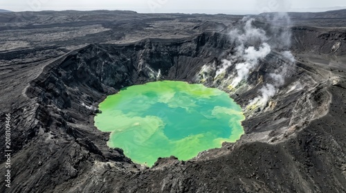 Photos Volcano Crater Lake with Green Waters and Smoke