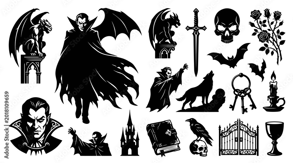 Fototapeta premium Black and White Gothic Horror Fantasy Vector Icons Set with Vampire, Wolf, Bat, Skull, and Mystical Elements.