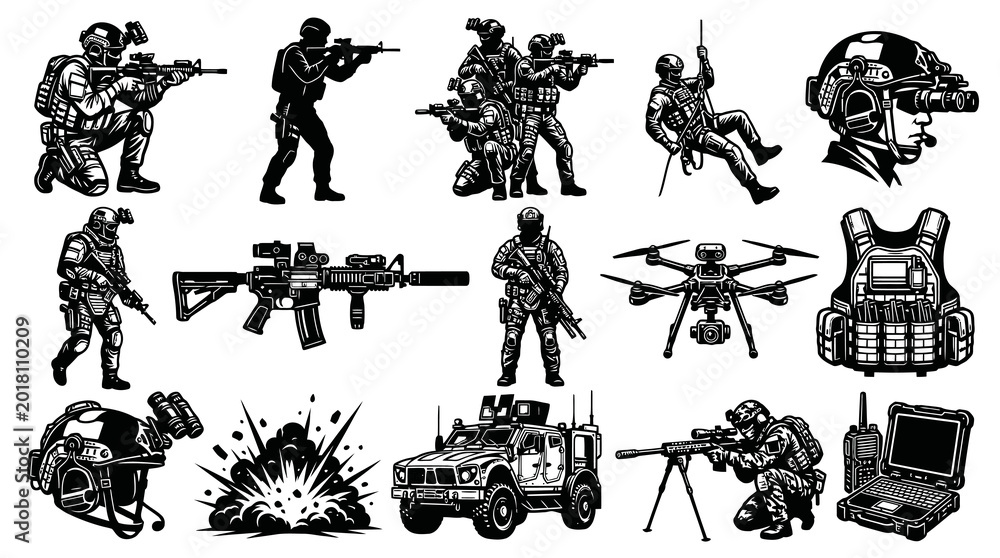 Fototapeta premium Black and White Vector Icons of Soldiers, Weapons, Drone, and Military Gear