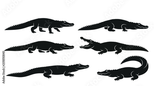 Tableau sur toile crocodile silhouettes in side view, solid black shapes, each in different poses such as walking