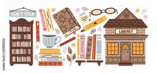 Foto Library and reading stickers with books and study elements in retro cartoon style