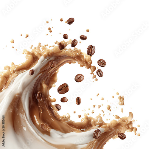 Milk Brown coffee liquid swirl splash and little bubbles with falling coffee Beans isolated on white or transparent  background, liquid fluid element flowing in form of wave