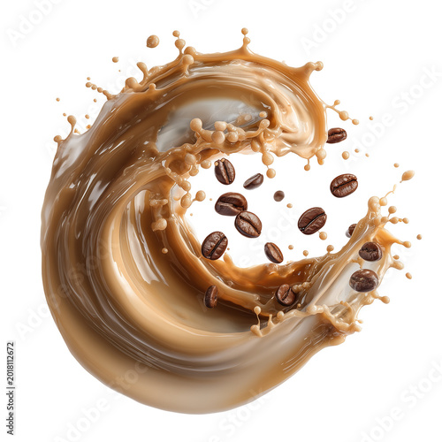 Milk Brown coffee liquid swirl splash and little bubbles with falling coffee Beans isolated on white or transparent  background, liquid fluid element flowing in form of wave