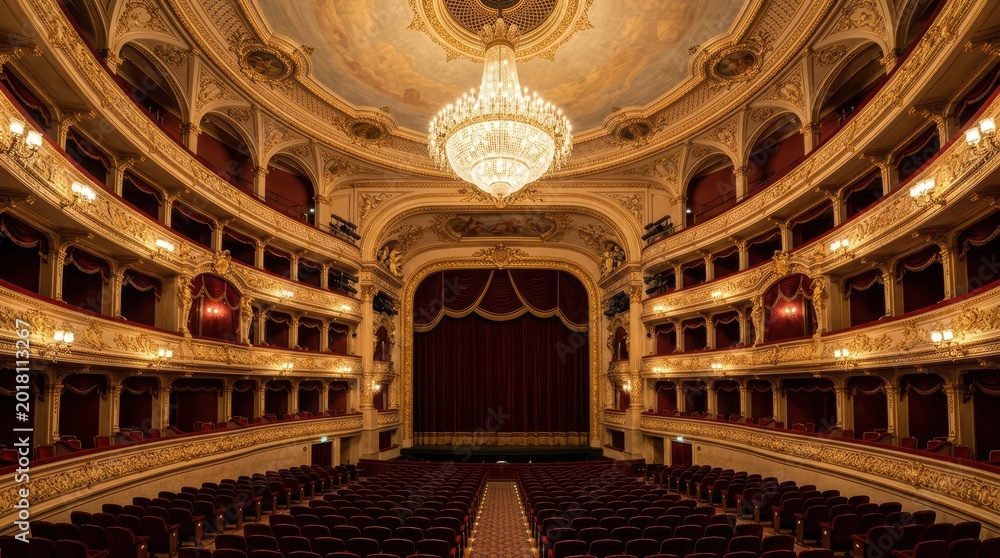 Fototapeta premium Opulent Theatre Interior: A view of an exquisitely designed theatre, showcasing a grand chandelier, elegant balconies, and a stage awaiting performance. 