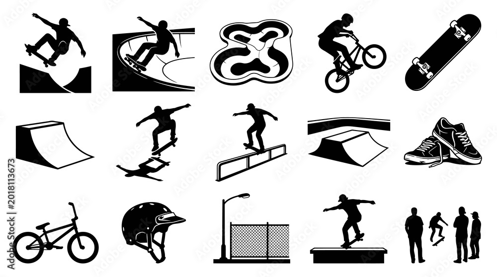 Fototapeta premium Skateboarding and BMX Extreme Sports Black Silhouette Vector Icons: Athletes, Ramps, Bikes, Skatepark Elements