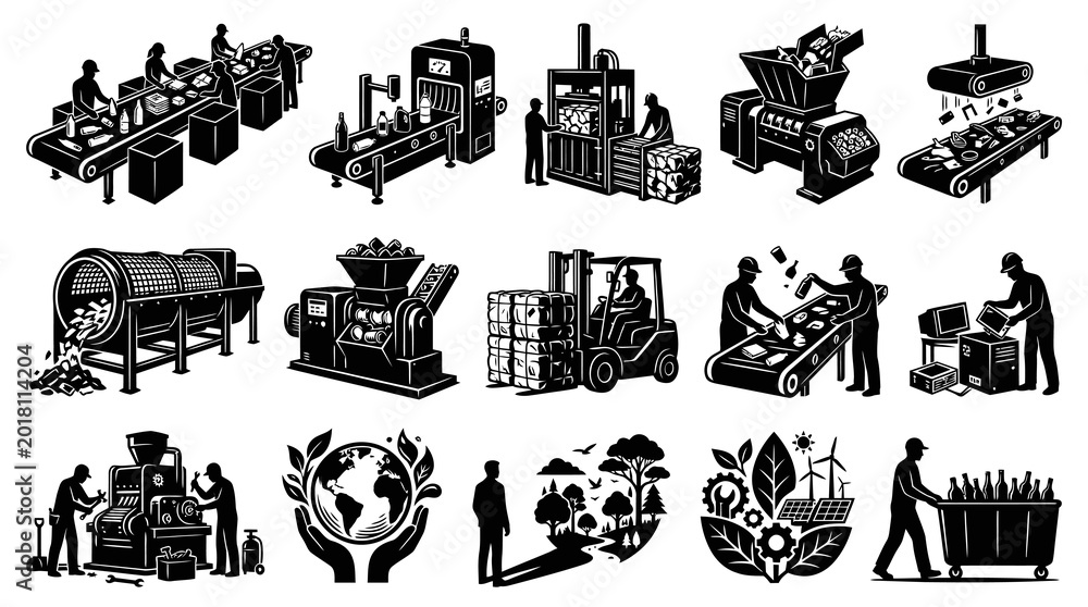 Obraz premium Black White Icons: Manufacturing Process, Recycling, Industry Technology