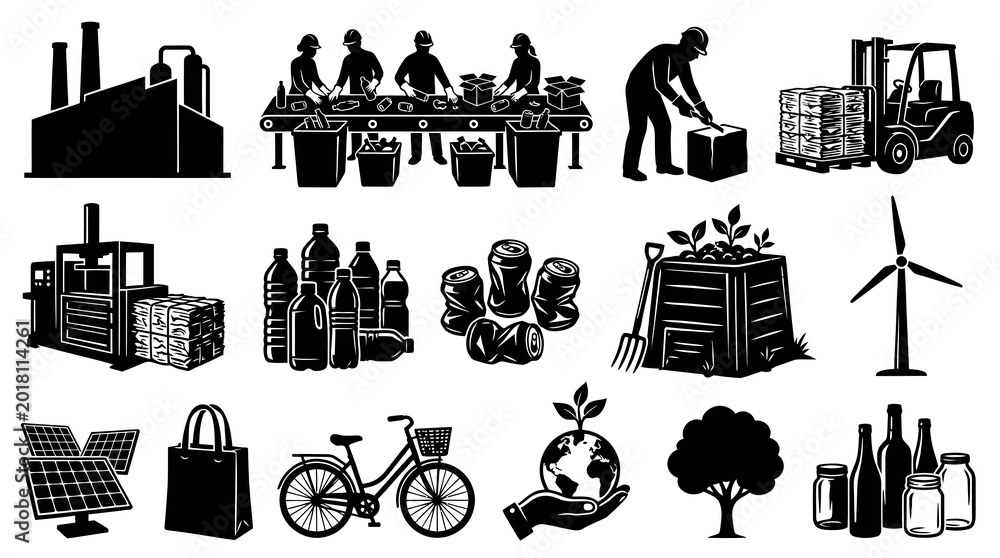 Fototapeta premium Recycling and Eco-Friendly Industry Icons: Factory, Forklift, Solar Panels, Wind Turbine, Bike