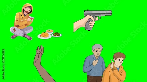 Sitting man, holding pistol, surrendering hands, and talking elder guys 2d animated cartoon on green screen chroma key background. high quality loop cycle vector illustration animation