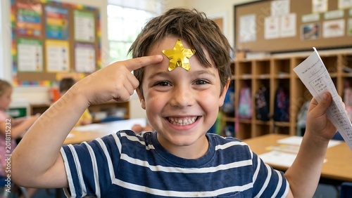 Smiling young boy points to gold star sticker on forehead holding paper