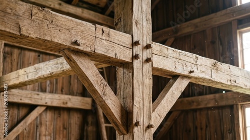 Rustic Beams and Architectural Detail: A captivating close-up showcases the sturdy framework of a wooden structure, revealing the raw beauty of aged timber and masterful craftsmanship.