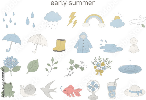 梅雨　初夏　イラスト　アイコン　セット　水彩　韓国風