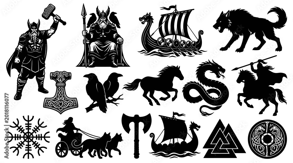 Fototapeta premium Black and White Viking Symbols and Icons: Thor's Hammer, Odin, Wolves, Dragons