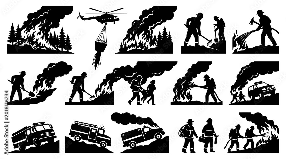 Obraz premium Firefighter Silhouette Icons: Fighting Wildfires with Helicopters and Trucks