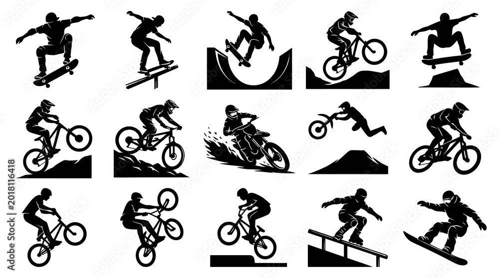 Fototapeta premium Extreme Sports Icons: Silhouette Set of Skateboarder, BMX, Snowboarder, Mountain Bike