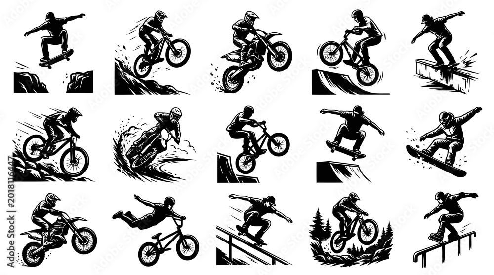 Obraz premium Extreme Action Sports Vector Set: Skateboard, Snowboard, BMX, Motocross Riders Monochrome Line Art