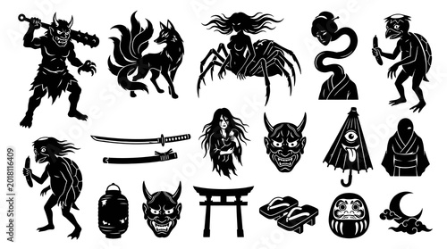 Japanese Mythology Vector Icons: Oni, Kitsune, Kappa, Ghost, Samurai Sword, Daruma, Moon