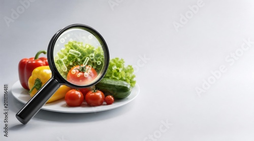 Magnifying glass examining fresh vegetables on a plate, checking for quality and safety in food production