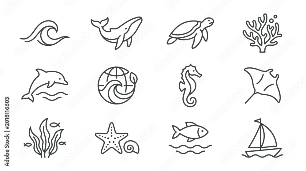 Obraz premium Ocean Life Icons: Whale, Dolphin, Turtle, Seahorse, Fish, Starfish, Sailboat, Wave, Coral, Ray