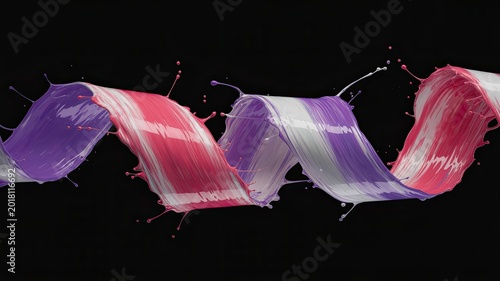 Abstract swirl of liquid paint in pink, purple, and white colors isolated on black background.