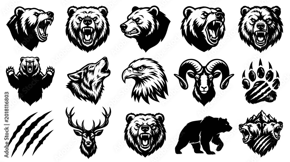 Fototapeta premium Set of Black and White Wild Animal Icons: Bears, Wolf, Ram, Eagle, Deer