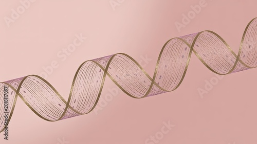 Pink sheer ribbon with gold glitter edges and metallic stripes isolated on a soft pink background.