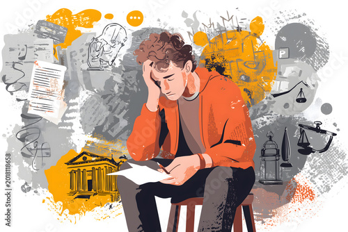 Young man with problems with the law seated on a stool with head on hand reading a letter surrounded with prison and court icons for law enforcement, colored illustration