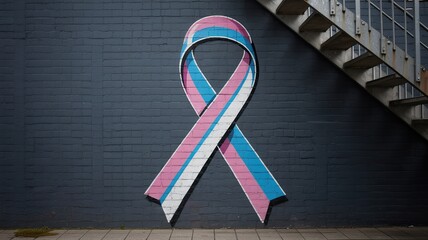 A mural of a awareness ribbon painted in the colors of the transgender pride flag on a dark brick wall.