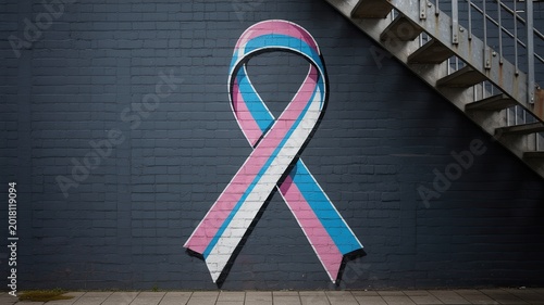 A mural of a awareness ribbon painted in the colors of the transgender pride flag on a dark brick wall.