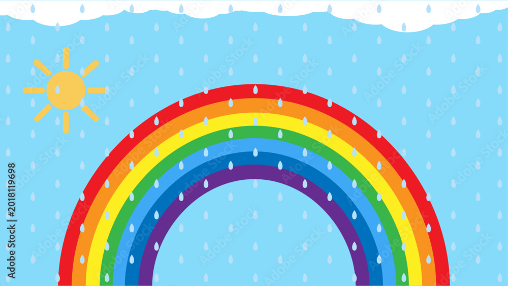 Fototapeta premium Rectangular summer background. Rainbow, sun, clouds, and rain on a blue background. Vector illustration. Rainy weather. Horizontal banner for sales and discounts. Hand-drawn illustration.