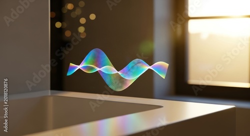 Colorful rainbow sound wave floating above modern surface, for digital audio technology, sonic vibrations, voice recognition harmony futuristic communication systems