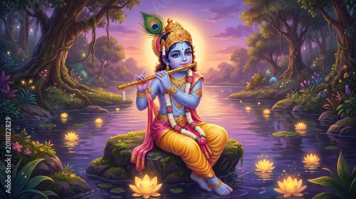Lord krishna plays his flute in a serene, divine landscape at sunset