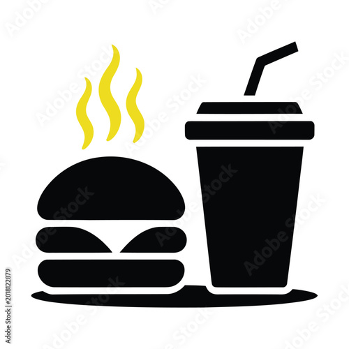 Fast food burger and drink with steam rising in flat icon style