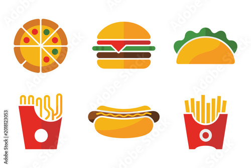 Flat vector illustration of fast food items and pizza on light background