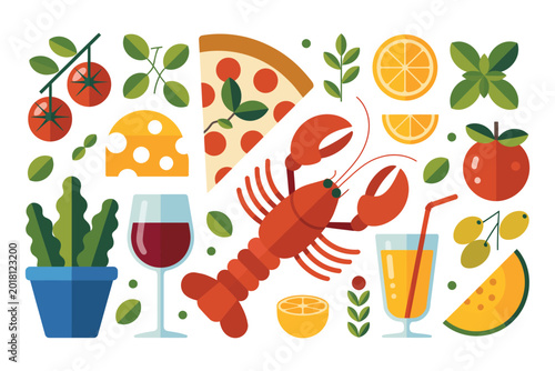 Flat vector illustration of lobster with Mediterranean food and summer fruits