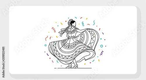 Elegant line art illustration of a woman dancing in a traditional mexican dress surrounded by colorful festive confetti.