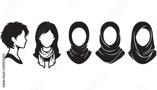 Schilderij op canvas Muslim woman avatar icons in black and white, female head silhouettes with hijab