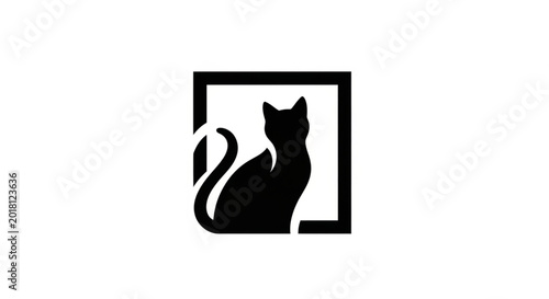 Cat Silhouette Inside Square Frame Logo, Feline Icon with Tail Outside Border