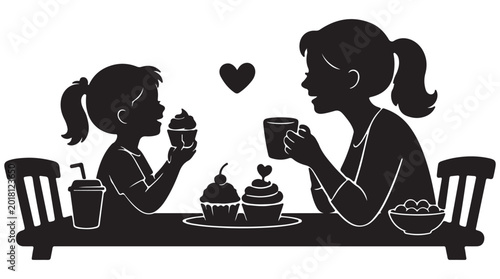 Fotografía Mother and daughter silhouette eating cupcakes, family tea time at table with co