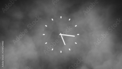 Analog time clock on realistic cloud of smoke loop motion background.
