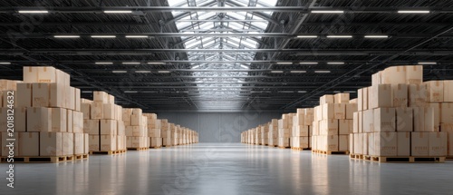 logistics/warehouse concept without people, neat stacks of cardboard boxes, pallets, Warehouse aisle with stacked cardboard boxes