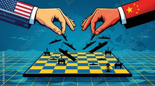 Geopolitical strategy chess game with military pieces.