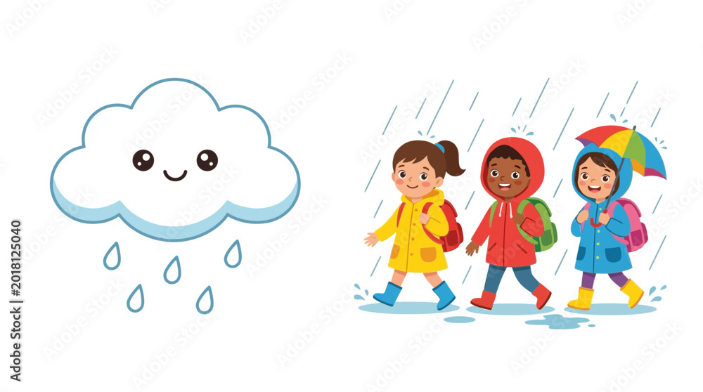 Fototapeta premium Rainy Day Kids Walking Under Cloud with Raindrops