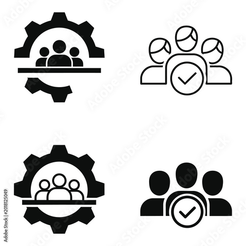 Black and white icons of people with gears and checkmarks for business and teamwork concepts icon