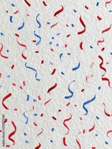 seamless festive texture background, red, white, and blue confetti and streamers on matte paper, red, white, and blue ribbon background with confetti