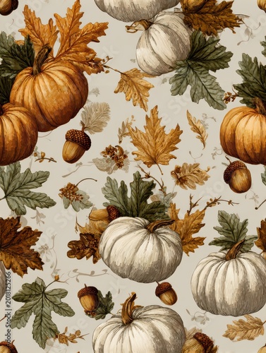 seamless Thanksgiving pattern texture, pumpkins, leaves, and acorns on matte off-white paper: Autumn Pumpkin Pattern with Leaves in Warm Neutral Colors