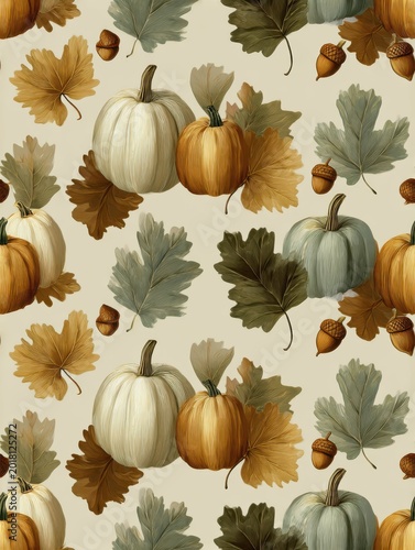 seamless Thanksgiving pattern texture, pumpkins, leaves, and acorns on matte off-white paper: Autumn Pumpkin Pattern with Leaves in Warm Neutral Colors