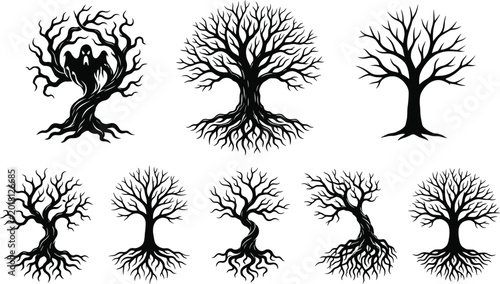 Quadro su tela Collection of Creepy Tree Silhouettes with Twisted Roots and Haunted Halloween V