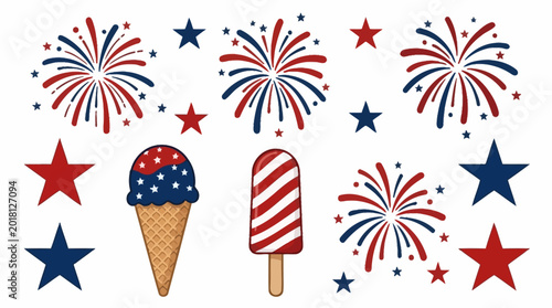 Tableau sur toile Celebratory patriotic icons with fireworks, ice cream, and stars on display